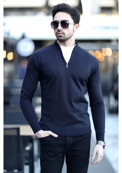 Erkek Dik Yaka Yarım Fermuarlı Triko Kazak Lacivert - 517 modelleri