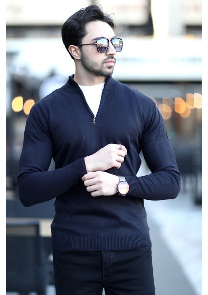 Erkek Dik Yaka Yarım Fermuarlı Triko Kazak Lacivert - 517 fırsatları