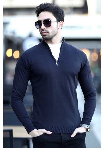 Erkek Dik Yaka Yarım Fermuarlı Triko Kazak Lacivert - 517 indirimleri
