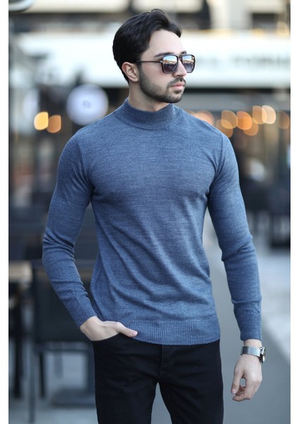 Erkek Yarım Balıkçı Yaka Yünlü Triko Kazak Lacivert - YB-511