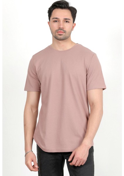 Erkek Bisiklet Yaka Etiket Detaylı Dokulu T-Shirt Pudra - 2743