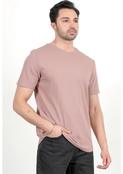 Erkek Bisiklet Yaka Etiket Detaylı Dokulu T-Shirt Pudra - 2743 fiyatları
