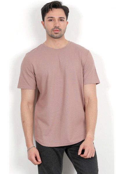 Erkek Bisiklet Yaka Etiket Detaylı Dokulu T-Shirt Pudra - 2743 modelleri