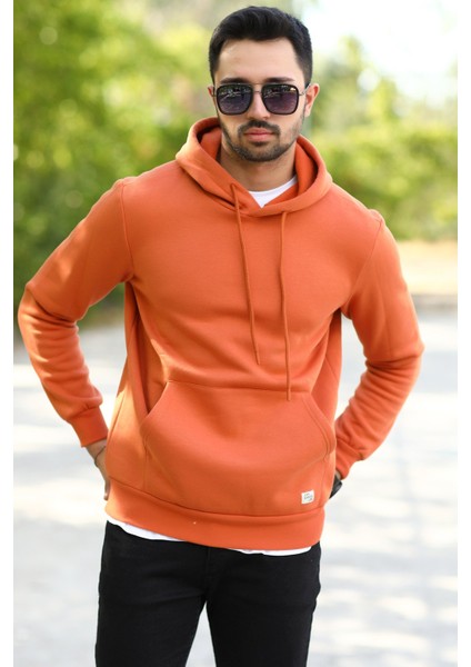 Tarçın Rengi Erkek Kapüşonlu Sweatshirt Kanguru Cepli Pamuk Karışımlı Oversize Hoodie - 5281 fiyatları