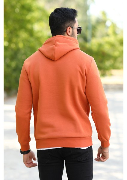 Tarçın Rengi Erkek Kapüşonlu Sweatshirt Kanguru Cepli Pamuk Karışımlı Oversize Hoodie - 5281 modelleri