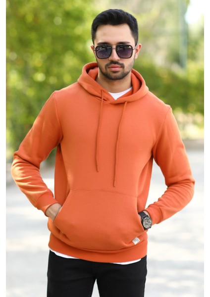 Tarçın Rengi Erkek Kapüşonlu Sweatshirt Kanguru Cepli Pamuk Karışımlı Oversize Hoodie - 5281 fırsatları