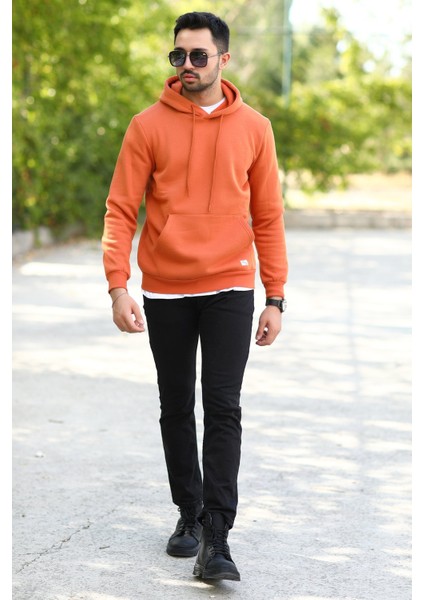 Tarçın Rengi Erkek Kapüşonlu Sweatshirt Kanguru Cepli Pamuk Karışımlı Oversize Hoodie - 5281 indirimleri