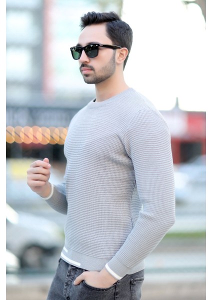 Erkek Triko Kazak Gri Bisiklet Yaka Örgü Desen Ribana Çizgi Detaylı - 2006