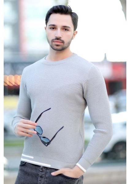 Erkek Triko Kazak Gri Bisiklet Yaka Örgü Desen Ribana Çizgi Detaylı - 2006 fiyatları