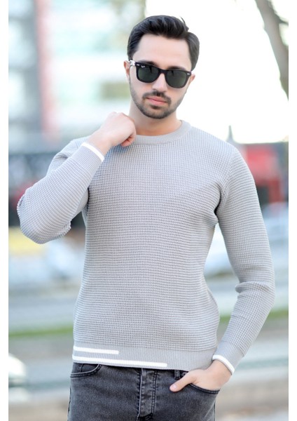 Erkek Triko Kazak Gri Bisiklet Yaka Örgü Desen Ribana Çizgi Detaylı - 2006 modelleri