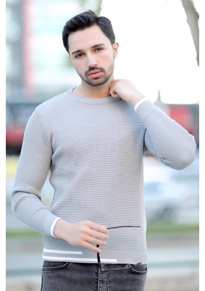 Erkek Triko Kazak Gri Bisiklet Yaka Örgü Desen Ribana Çizgi Detaylı - 2006 indirimleri