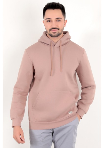 Gül Rengi Erkek Kapüşonlu Sweatshirt Kanguru Cepli Pamuk Karışımlı Oversize Hoodie - 5281 fiyatları