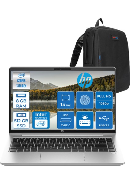 Probook 440 G10 Intel Core I5 1335U 8gb 512GB SSD Intel® UHD Grafik Freedos 14" IPS Fhd Taşınabilir Bilgisayar HP8A565EAF02+ Zetta Çanta