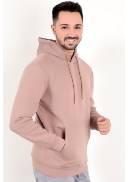 Gül Rengi Erkek Kapüşonlu Sweatshirt Kanguru Cepli Pamuk Karışımlı Oversize Hoodie - 5281