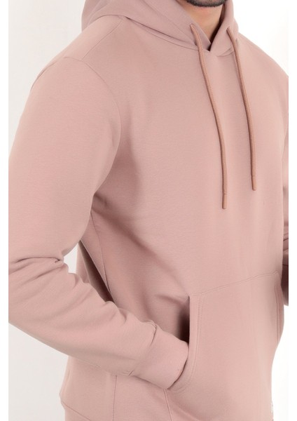 Gül Rengi Erkek Kapüşonlu Sweatshirt Kanguru Cepli Pamuk Karışımlı Oversize Hoodie - 5281 modelleri