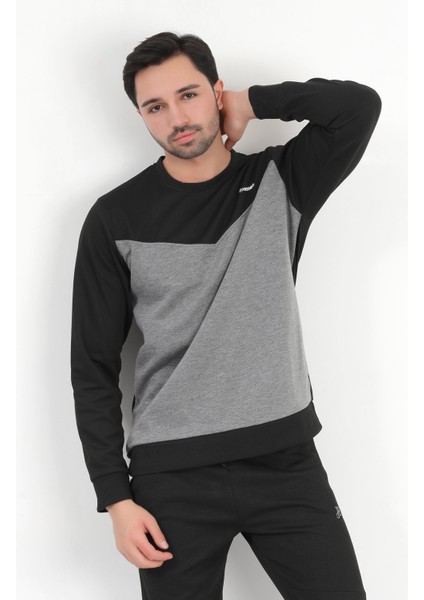 Erkek Siyah Füme Parçalı Baskılı Bisiklet Yaka Pamuklu Regular Fit Sweatshirt - 0343 modelleri