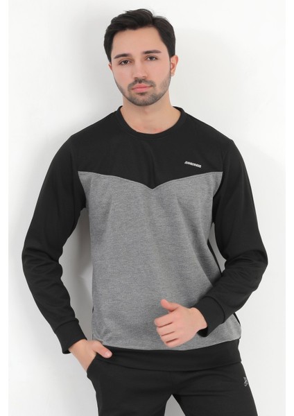 Erkek Siyah Füme Parçalı Baskılı Bisiklet Yaka Pamuklu Regular Fit Sweatshirt - 0343 fırsatları