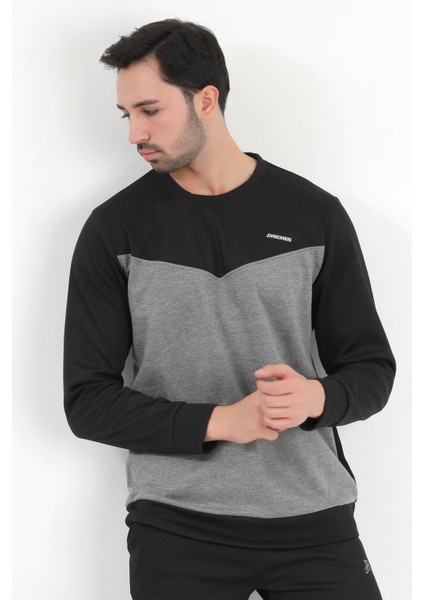Erkek Siyah Füme Parçalı Baskılı Bisiklet Yaka Pamuklu Regular Fit Sweatshirt - 0343 indirimleri