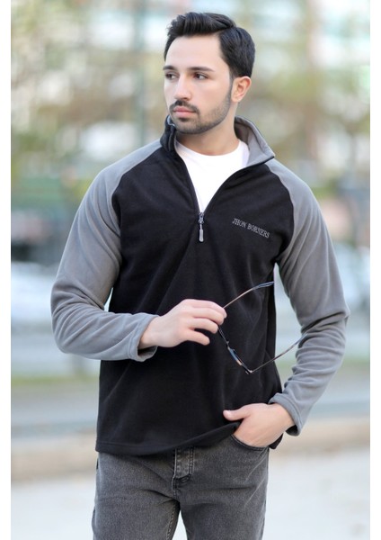 Erkek Dik Yaka Polar Siyah Gri Garnili Yarım Fermuar Nakışlı - 6055