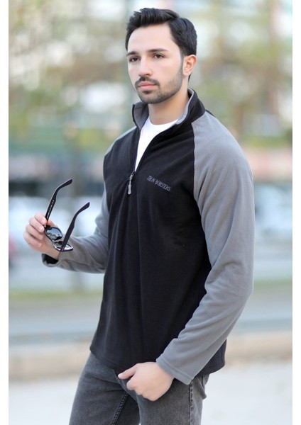 Erkek Dik Yaka Polar Siyah Gri Garnili Yarım Fermuar Nakışlı - 6055 fiyatları