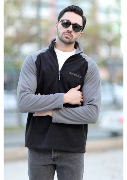 Erkek Dik Yaka Polar Siyah Gri Garnili Yarım Fermuar Nakışlı - 6055 modelleri