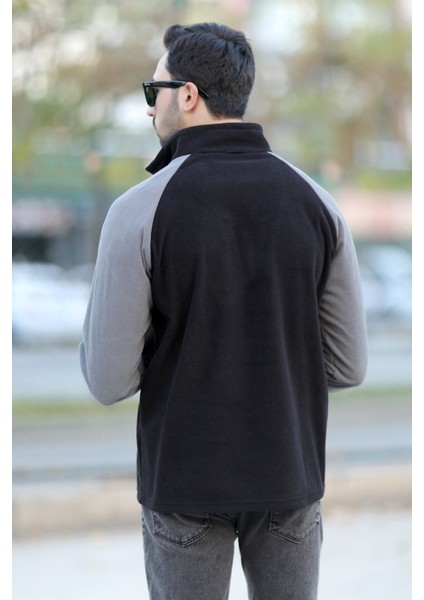 Erkek Dik Yaka Polar Siyah Gri Garnili Yarım Fermuar Nakışlı - 6055 fırsatları