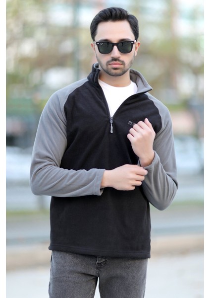 Erkek Dik Yaka Polar Siyah Gri Garnili Yarım Fermuar Nakışlı - 6055 indirimleri