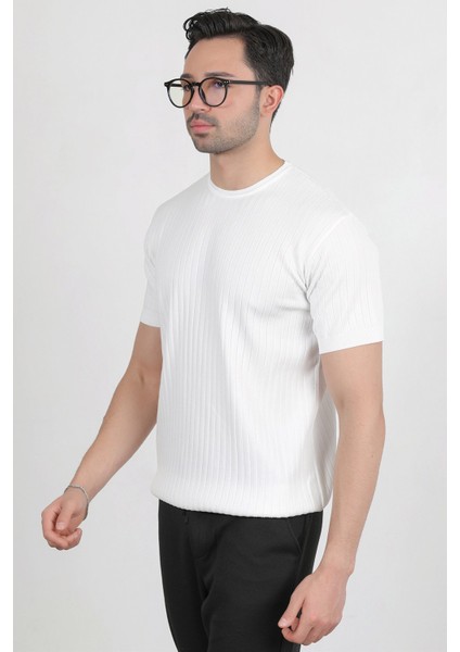 Erkek Bisiklet Yaka Kısa Kol Fitilli Triko T-Shirt Beyaz - 2502