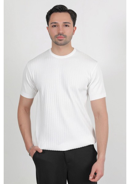 Erkek Bisiklet Yaka Kısa Kol Fitilli Triko T-Shirt Beyaz - 2502 modelleri