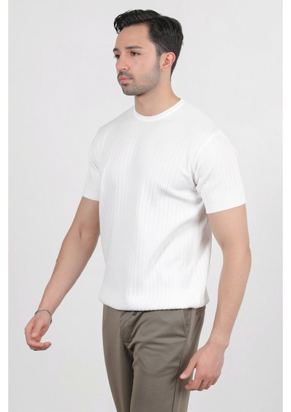Erkek Bisiklet Yaka Kısa Kol Fitilli Triko T-Shirt Beyaz - 2502 fırsatları