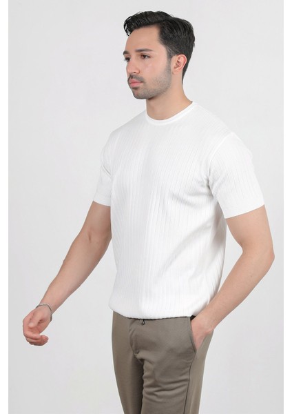 Erkek Bisiklet Yaka Kısa Kol Fitilli Triko T-Shirt Beyaz - 2502 indirimleri