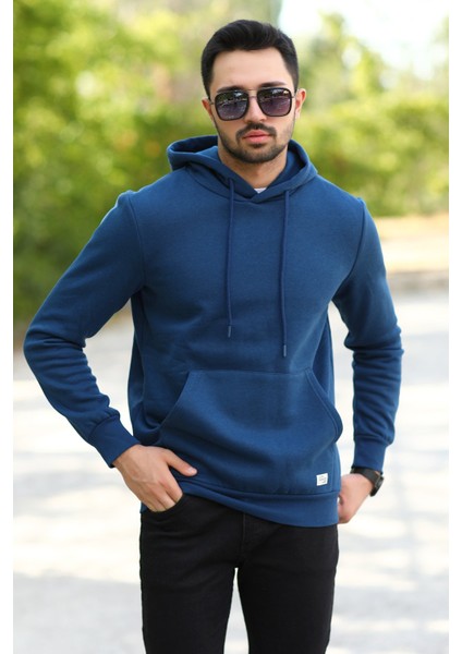 Açık Lacivert Erkek Kapüşonlu Sweatshirt Kanguru Cepli Pamuk Karışımlı Oversize Hoodie - 5281