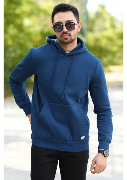 Açık Lacivert Erkek Kapüşonlu Sweatshirt Kanguru Cepli Pamuk Karışımlı Oversize Hoodie - 5281 fiyatları