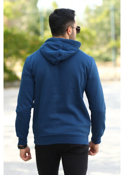 Açık Lacivert Erkek Kapüşonlu Sweatshirt Kanguru Cepli Pamuk Karışımlı Oversize Hoodie - 5281 modelleri