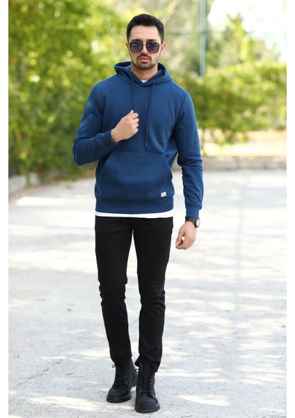 Açık Lacivert Erkek Kapüşonlu Sweatshirt Kanguru Cepli Pamuk Karışımlı Oversize Hoodie - 5281 indirimleri
