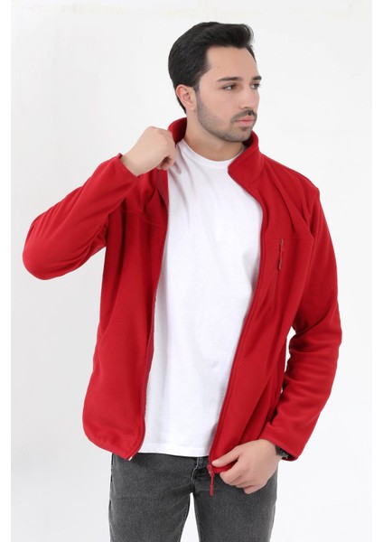 Erkek Dik Yaka Polar Bordo Cep Detaylı Fermuarlı Yumuşak Dokulu - 6019