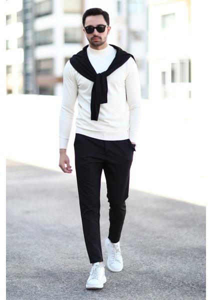 Erkek Yarım Balıkçı Yaka Kazak Beyaz Pirinç Örgü %100 Mikro Flament Triko - 1045