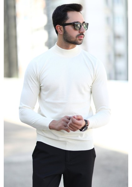 Erkek Yarım Balıkçı Yaka Kazak Beyaz Pirinç Örgü %100 Mikro Flament Triko - 1045 fiyatları