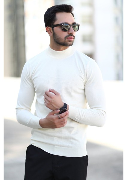 Erkek Yarım Balıkçı Yaka Kazak Beyaz Pirinç Örgü %100 Mikro Flament Triko - 1045 modelleri