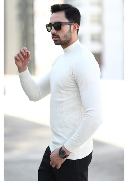 Erkek Yarım Balıkçı Yaka Kazak Beyaz Pirinç Örgü %100 Mikro Flament Triko - 1045 fırsatları