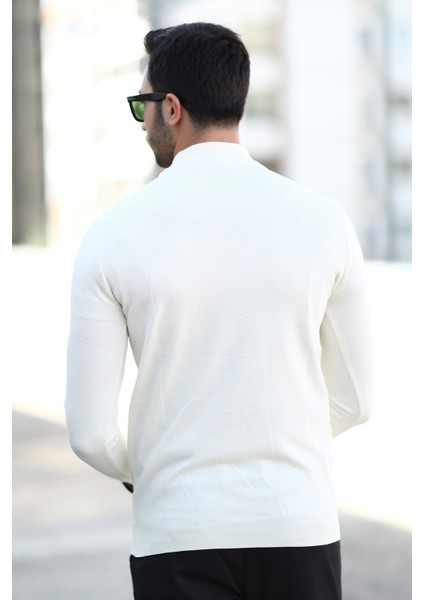 Erkek Yarım Balıkçı Yaka Kazak Beyaz Pirinç Örgü %100 Mikro Flament Triko - 1045 indirimleri