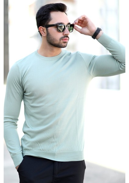 Erkek Pirinç Örgü Kazak Açık Yeşil Bisiklet Yaka Triko %100 Mikro Flament - 1005