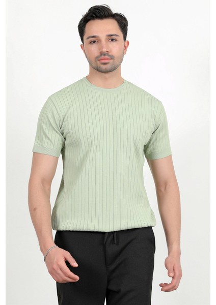 Erkek Bisiklet Yaka Kısa Kol Fitilli Triko T-Shirt Açık Yeşil - 2502