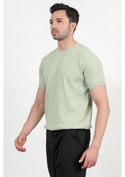 Erkek Bisiklet Yaka Kısa Kol Fitilli Triko T-Shirt Açık Yeşil - 2502 fiyatları