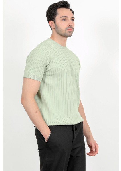 Erkek Bisiklet Yaka Kısa Kol Fitilli Triko T-Shirt Açık Yeşil - 2502 fırsatları
