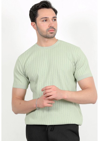 Erkek Bisiklet Yaka Kısa Kol Fitilli Triko T-Shirt Açık Yeşil - 2502 indirimleri