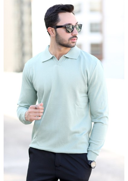 Erkek Açık Yeşil Polo Yaka %100 Mikro Flament Örme Ribanalı Triko Sweatshirt - 1920