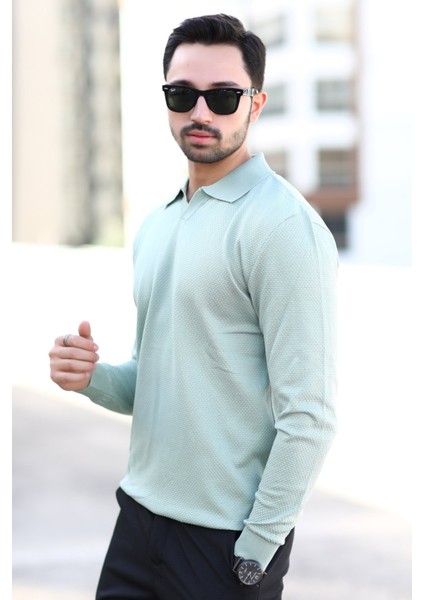Erkek Açık Yeşil Polo Yaka %100 Mikro Flament Örme Ribanalı Triko Sweatshirt - 1920 fiyatları
