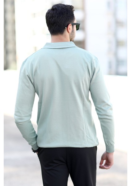 Erkek Açık Yeşil Polo Yaka %100 Mikro Flament Örme Ribanalı Triko Sweatshirt - 1920 modelleri