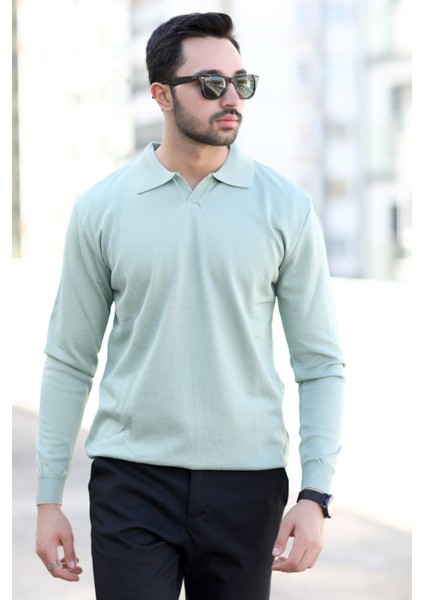Erkek Açık Yeşil Polo Yaka %100 Mikro Flament Örme Ribanalı Triko Sweatshirt - 1920 fırsatları